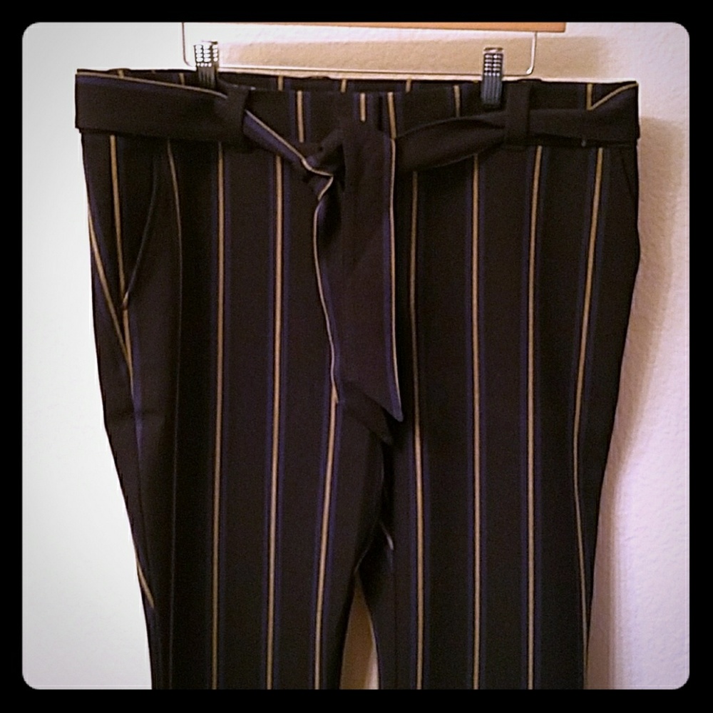 Loft slacks in Navy with a mustard stripe